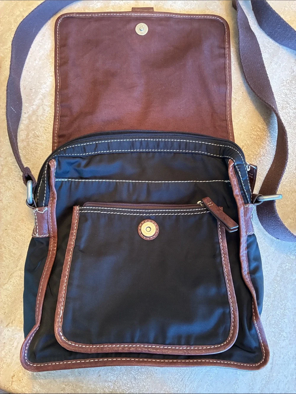 Fossil Black Nylon Messenger Bag with Brown Leather Trim euc